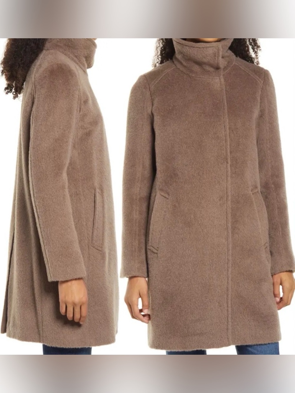 Cole Haan Funnel Neck Wool Blend Coat in Mushroom